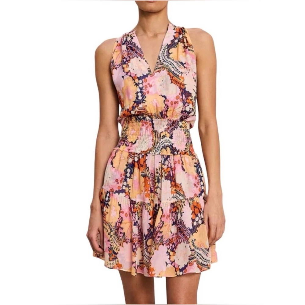 A.L.C. Pink & Orange Floral Smocked Waist Mini Dress